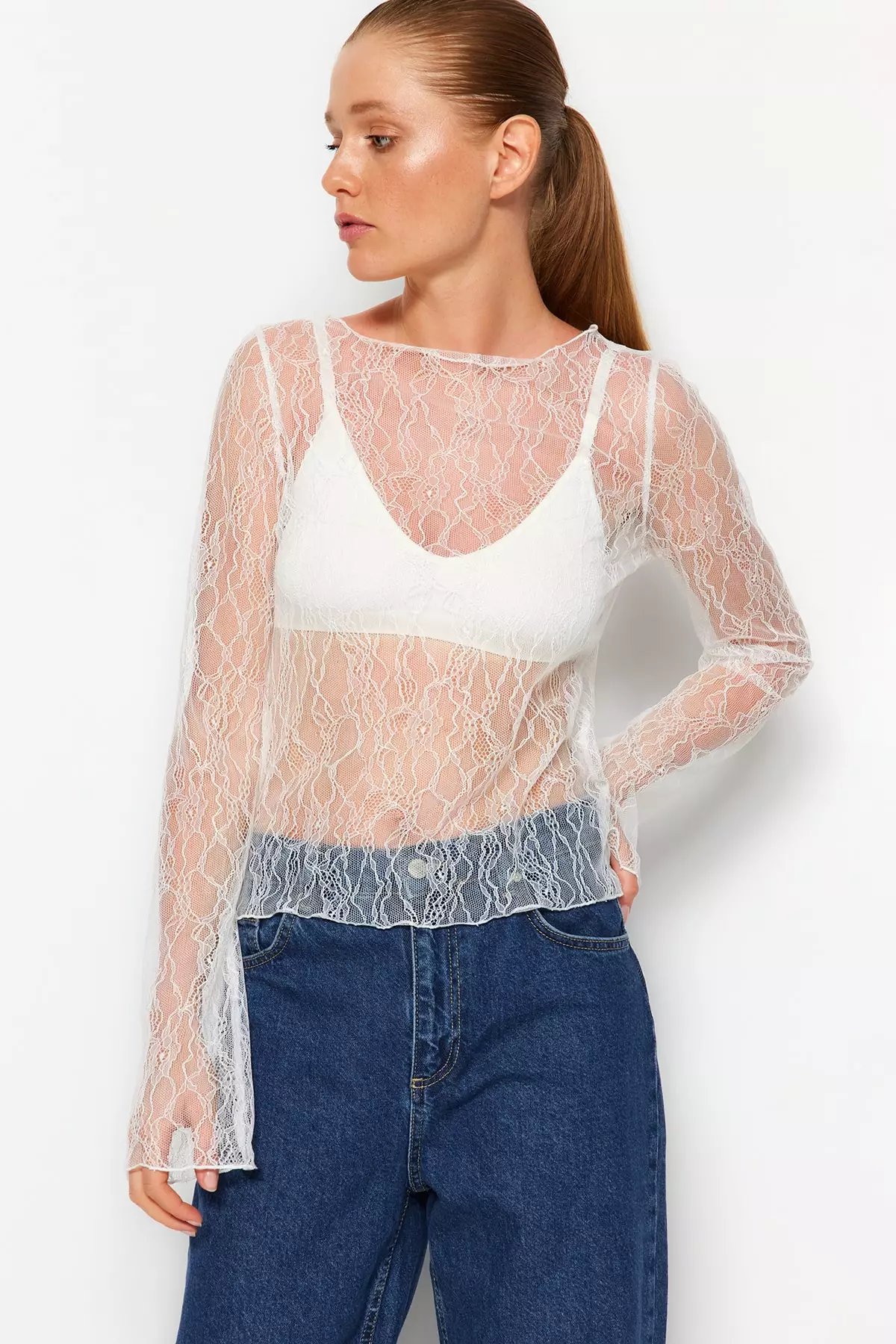 Buy Trendyol Sheer Lace Blouse 2025 Online | ZALORA