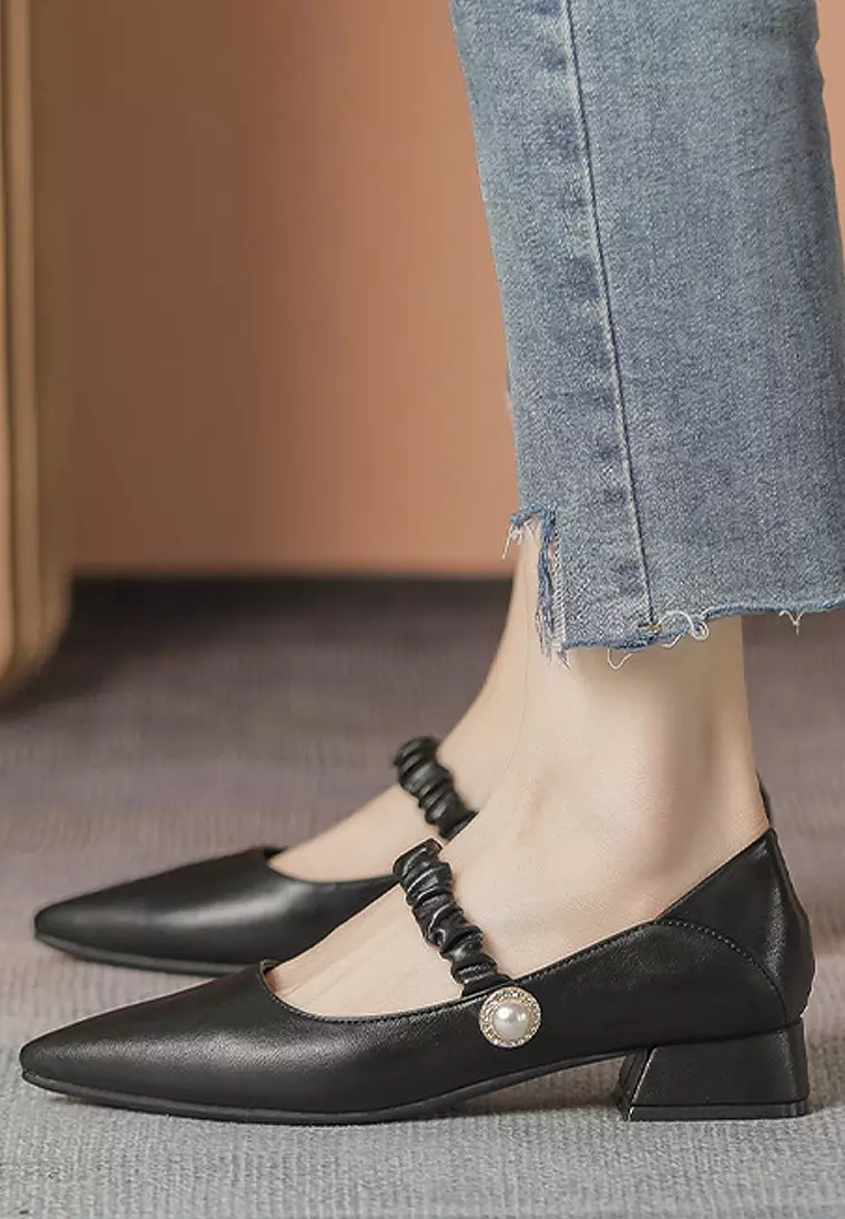 VANSA Simple Leather Elastic Strap Low Heel Shoes VSW-F1020-6