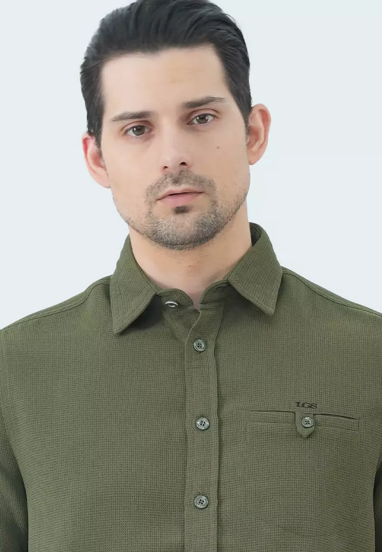 LGS - Kemeja Casual Pria Kemeja Waffle Lengan Pendek Motif Polos Warna Hijau Army Regular Fit - CSH.271.R1191.197.C