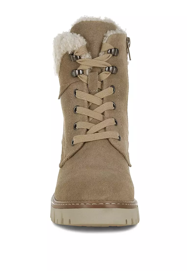 Fur Collar Chunky Ankle Boots in Beige