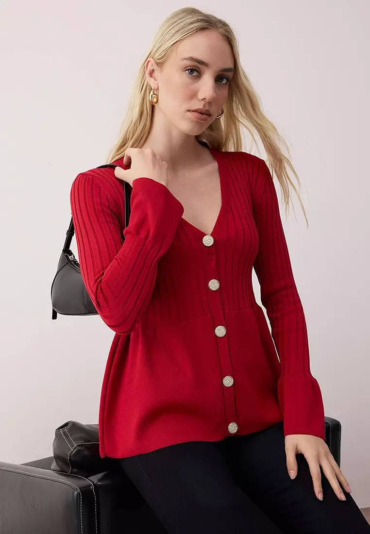 Red Peplum Detailed Knitwear Cardigan Twoaw26Hi271