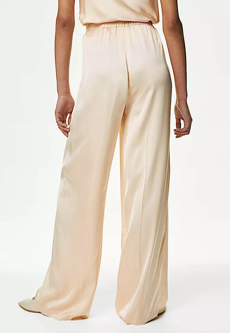 Satin Elasticated Waist Wide Leg Trousers