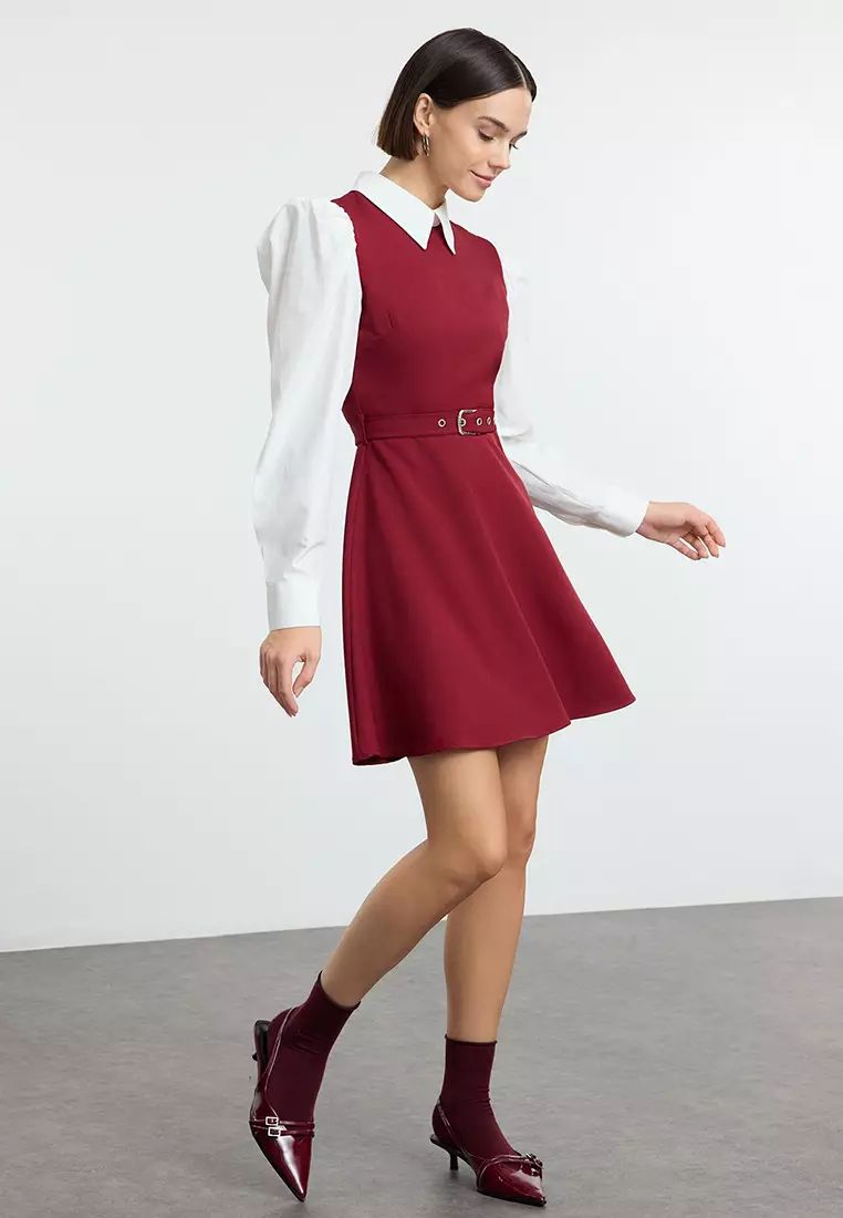 Burgundy Belted Waist Opening Shirt Detail Mini Woven Dress TWOAW25EL00398