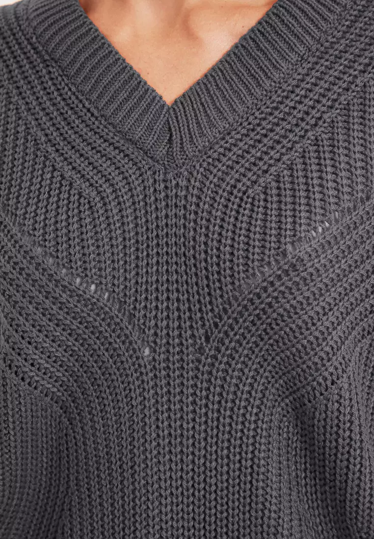Anthracite Openwork/Perforated V Neck Knitwear Sweater