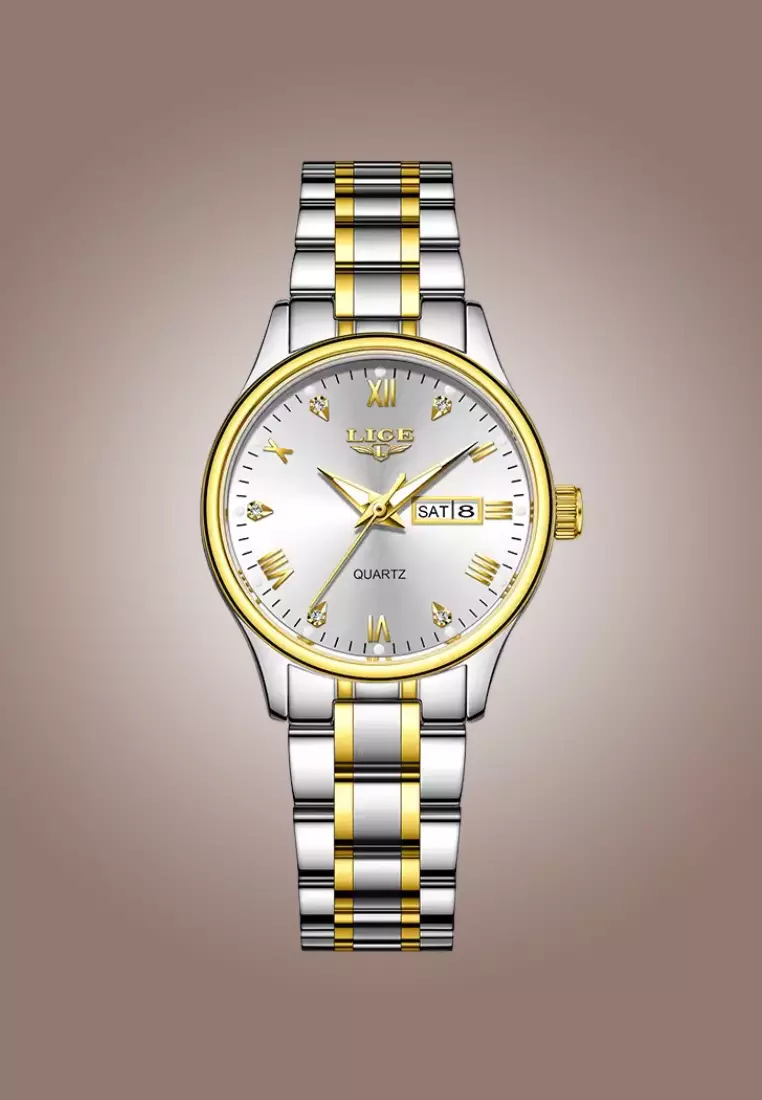 Ladies Day/Date Light Metal Alloy Quartz Watch, 29mm Diameter, Stainless Steel Bracelet
