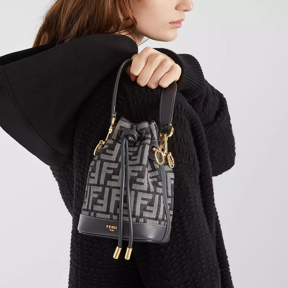 Mini Mon Tresor FF Jacquard Bucket Bag Dark Blue Denim
