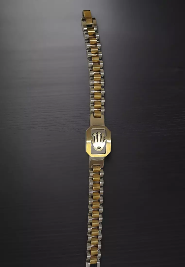 Aksesoris Gelang Pria Crown Rectangular Center Classic Design Stainless Steel Men's Bracelet Silver & Gold