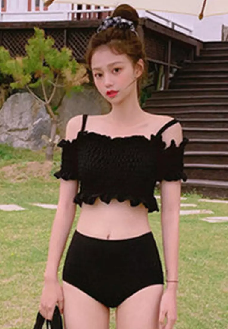 Age-Reducing Pleated Suspenders One-Shoulder Collar Split Swimsuit A22031710