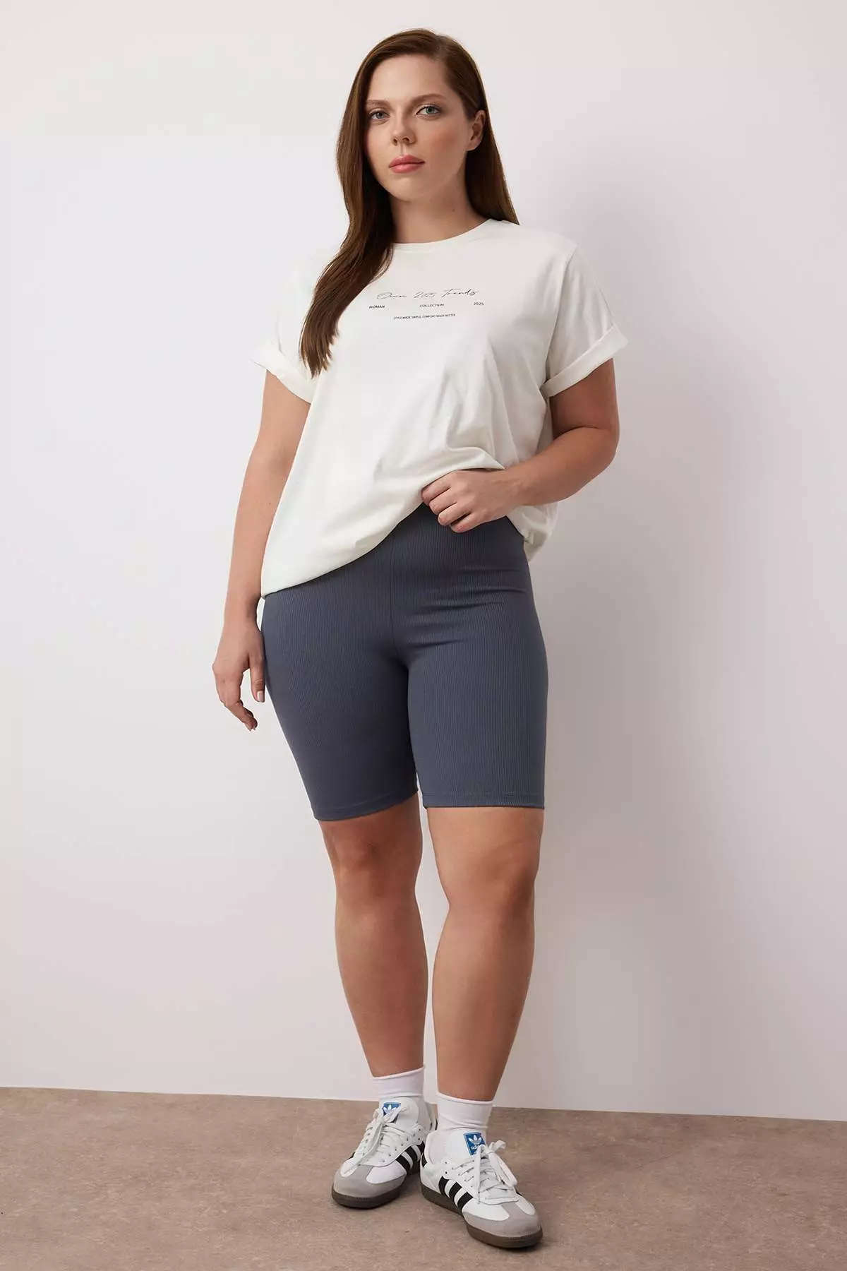 Anthracite-Dry Rose High Waist 2-Pack Biker Ribbed Knit Plus Size Leggings Tbbss24Bv00000