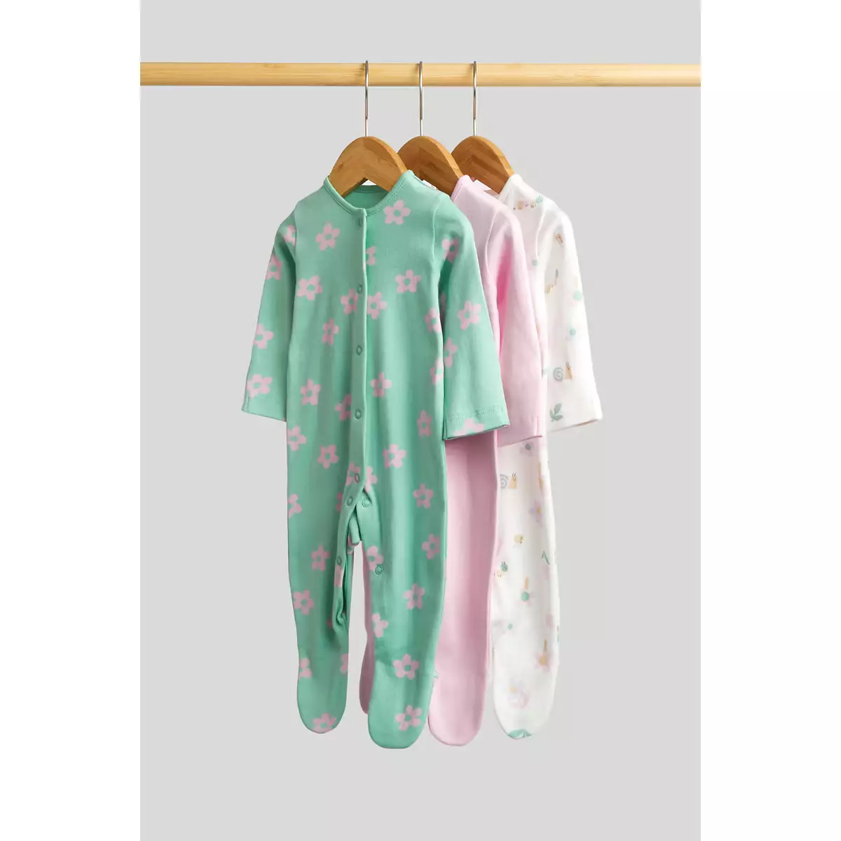 Mothercare Garden Baby Sleepsuits - 3 Pack - Baju Tidur Bayi Perempuan (Hijau)
