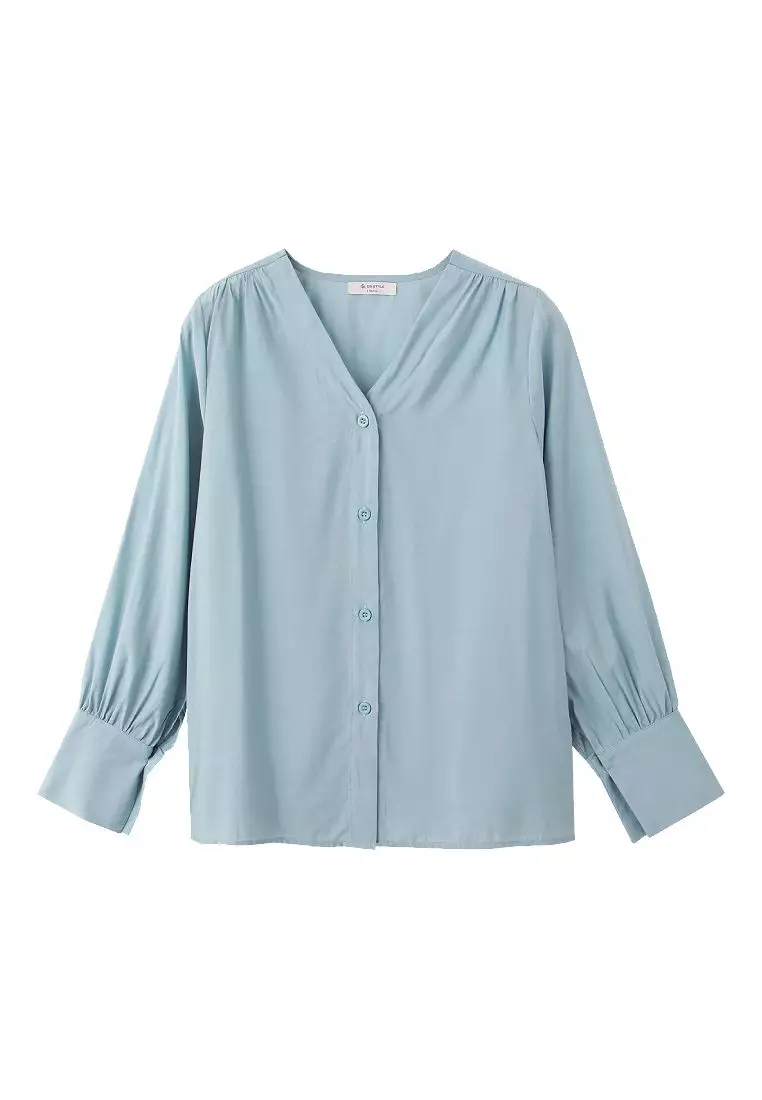 拋袖開襟純色V領上衣《AB18819》