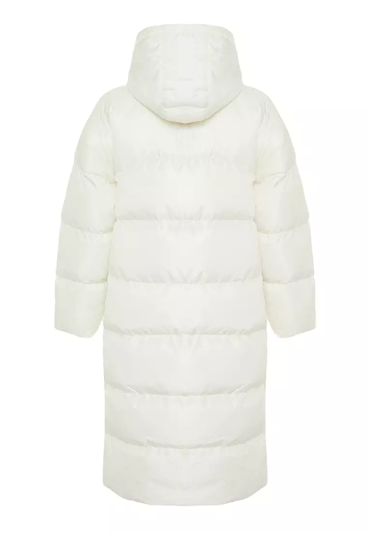 Ecru Regular Hooded Side Snap Detail Water Repellent Long Puffer Jacket TWOAW24MO00104