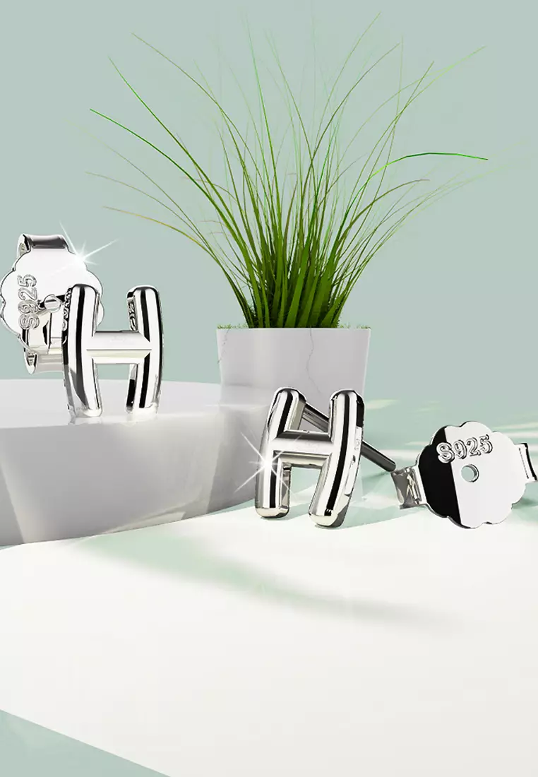 Solid 925 Sterling Silver Initial Alphabet Personalised Stud Earrings- H