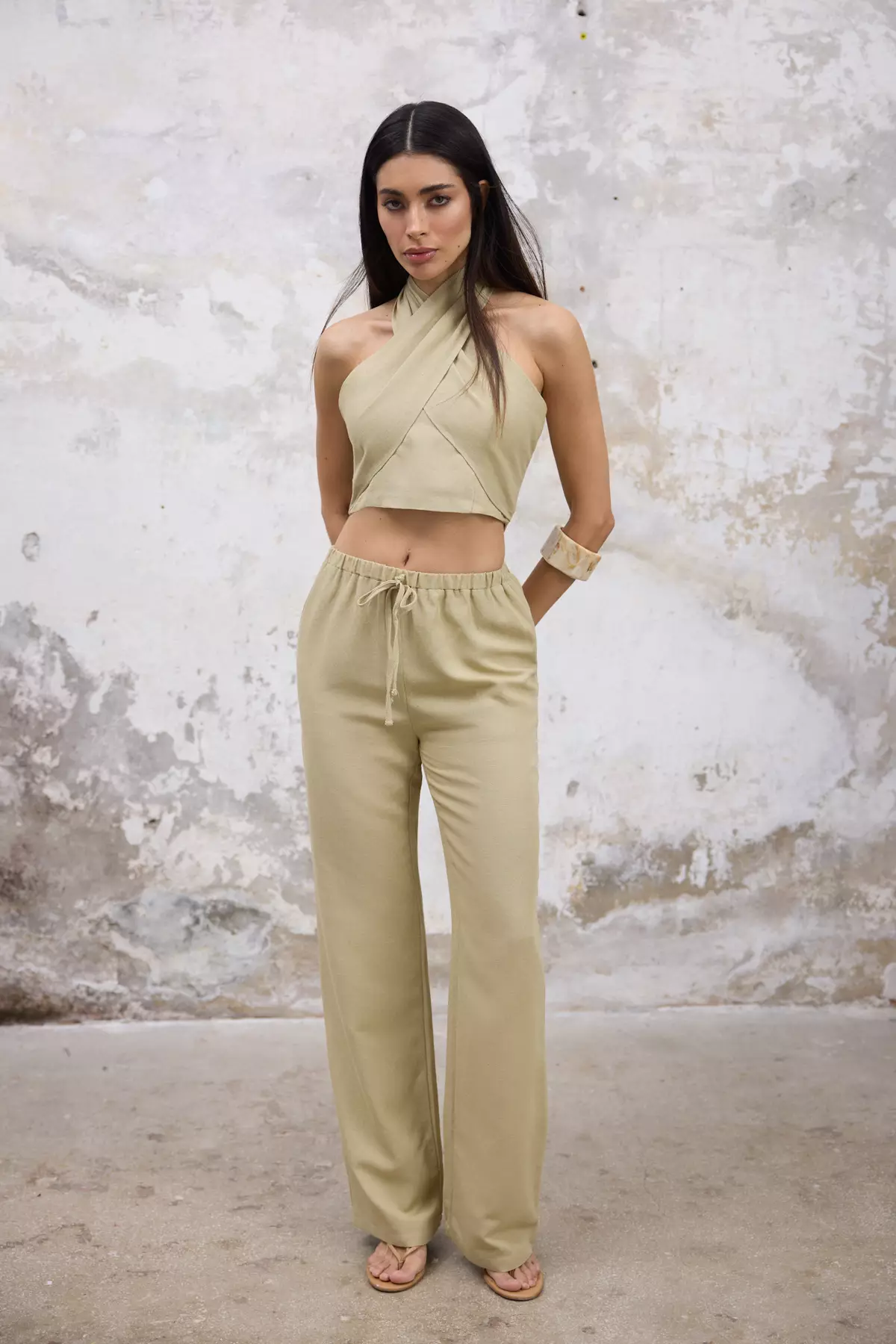 Light Khaki Linen Woven Blouse Trousers Top-Bottom Set TWOSS25AU00108