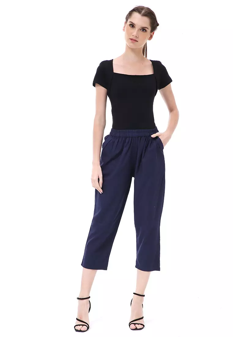 Stella Long Pants Celana Kulot Wanita Korean Style Material Linen ORIGINAL - Navy