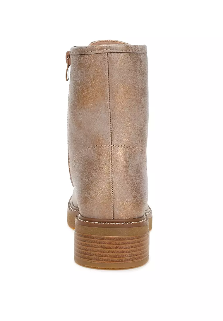 Metallic Texture Lace Up Boots in Tan