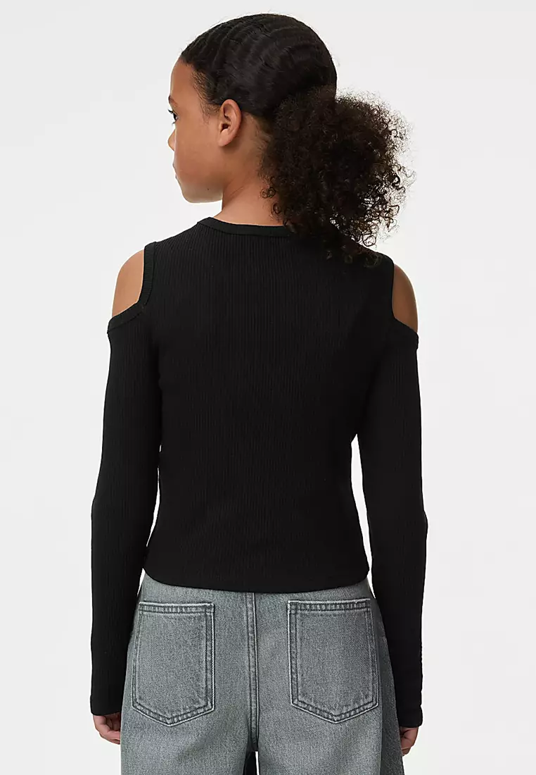 Cotton Rich Ribbed Cold Shoulder Top