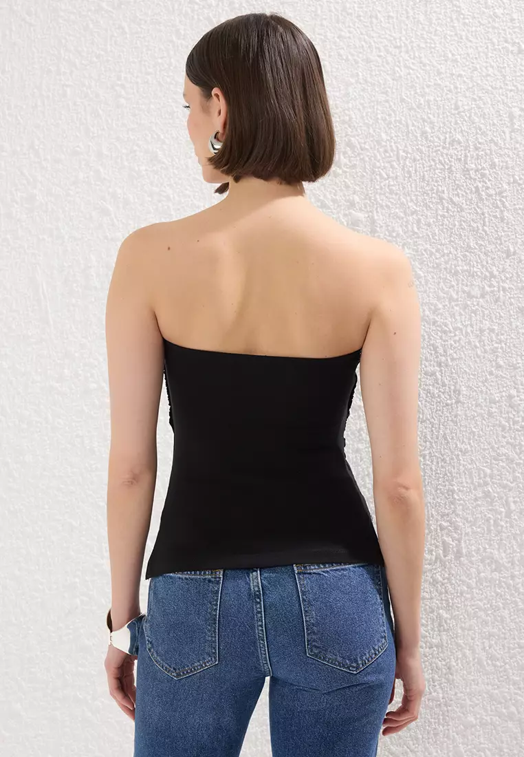 Black 100% Cotton Strapless Gathered/Draped Detailed Knitted Blouse TWOSS25BZ00484