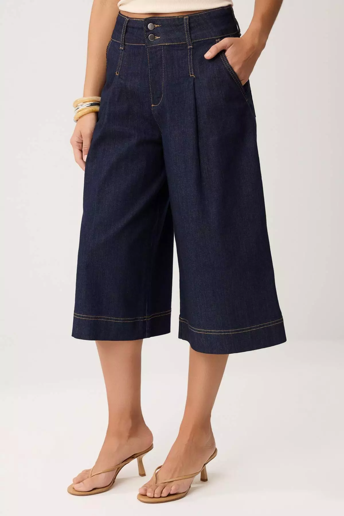 Dark Blue High Waist Wide Leg Capri Jeans Twoss26Je38
