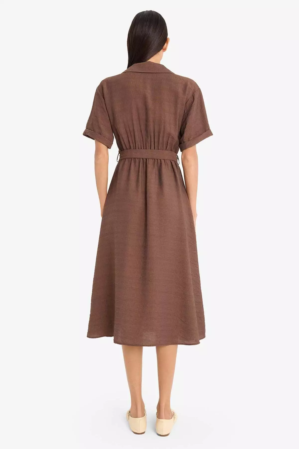 Shirt Collar Belted Short Sleeve Red Midi Summer Dress F2113Ax25Sm