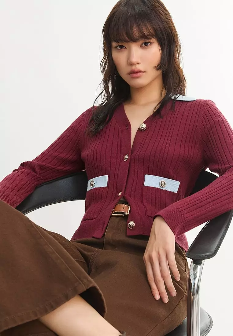 Contrast Collar Ribbed Pocket Detail Cardigan - Red