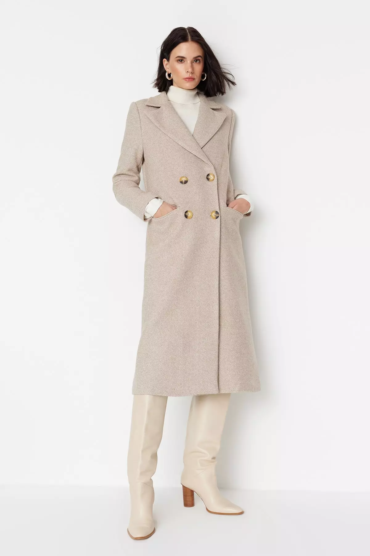 Herringbone Patterned Long Stamped Coat