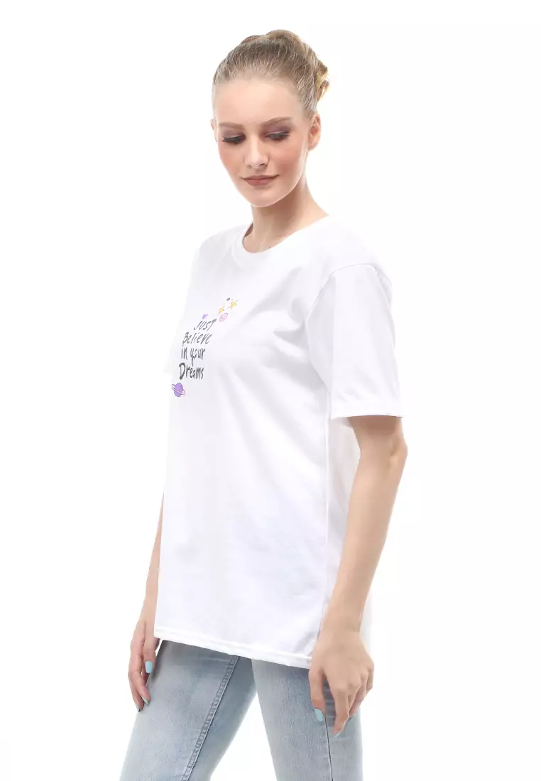 Heller Kaos Atasan Wanita Oversize Motif Print Short Sleeves Relaxed Fit - Lepen Putih