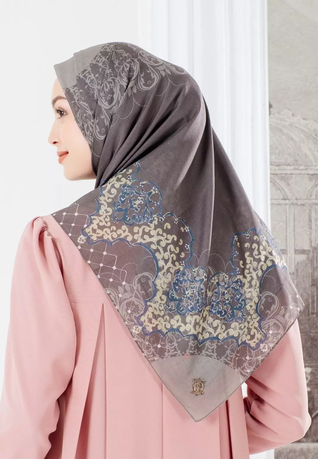 FUGY Scarf Olive - Kerudung Hijab Segiempat Motif With BOX - Bahan Voal Premium - Ukuran 115x115