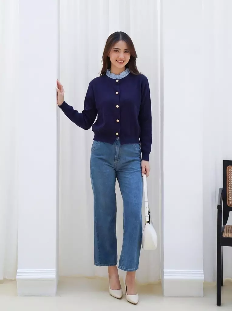 Adela Ruffle Trim Cardigan in Navy