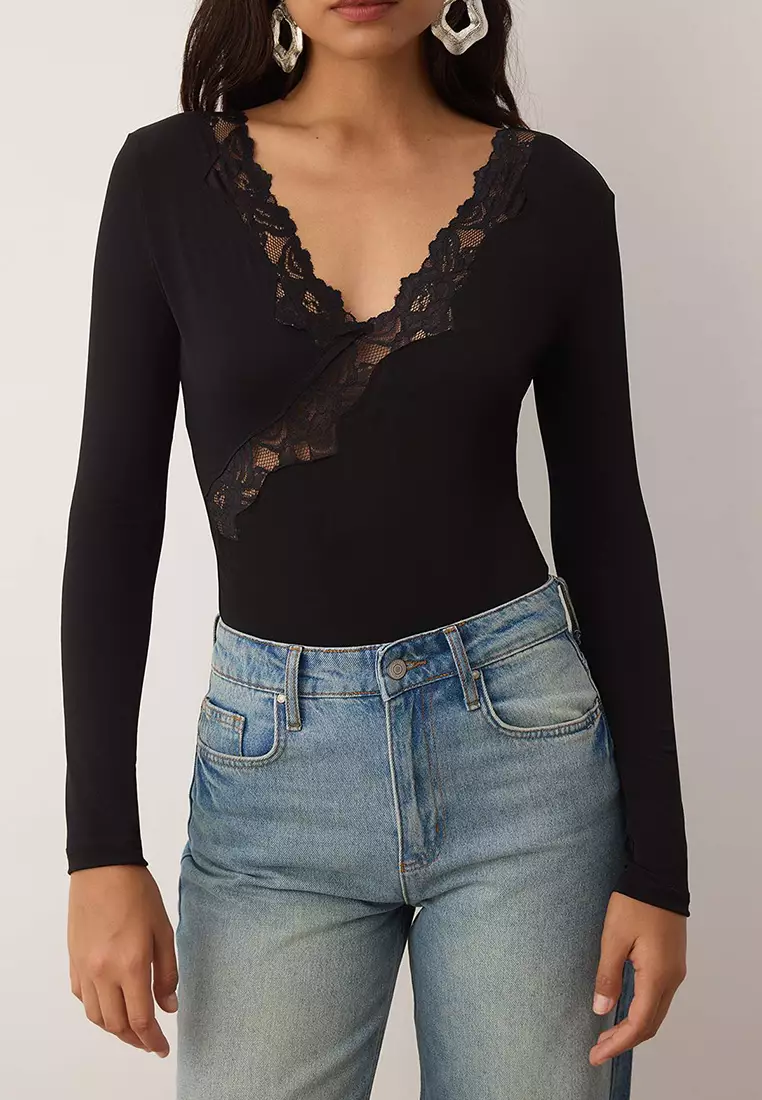 Black Lace Striped V-Neck Knitted Bodysuit Tpraw26Bd00018