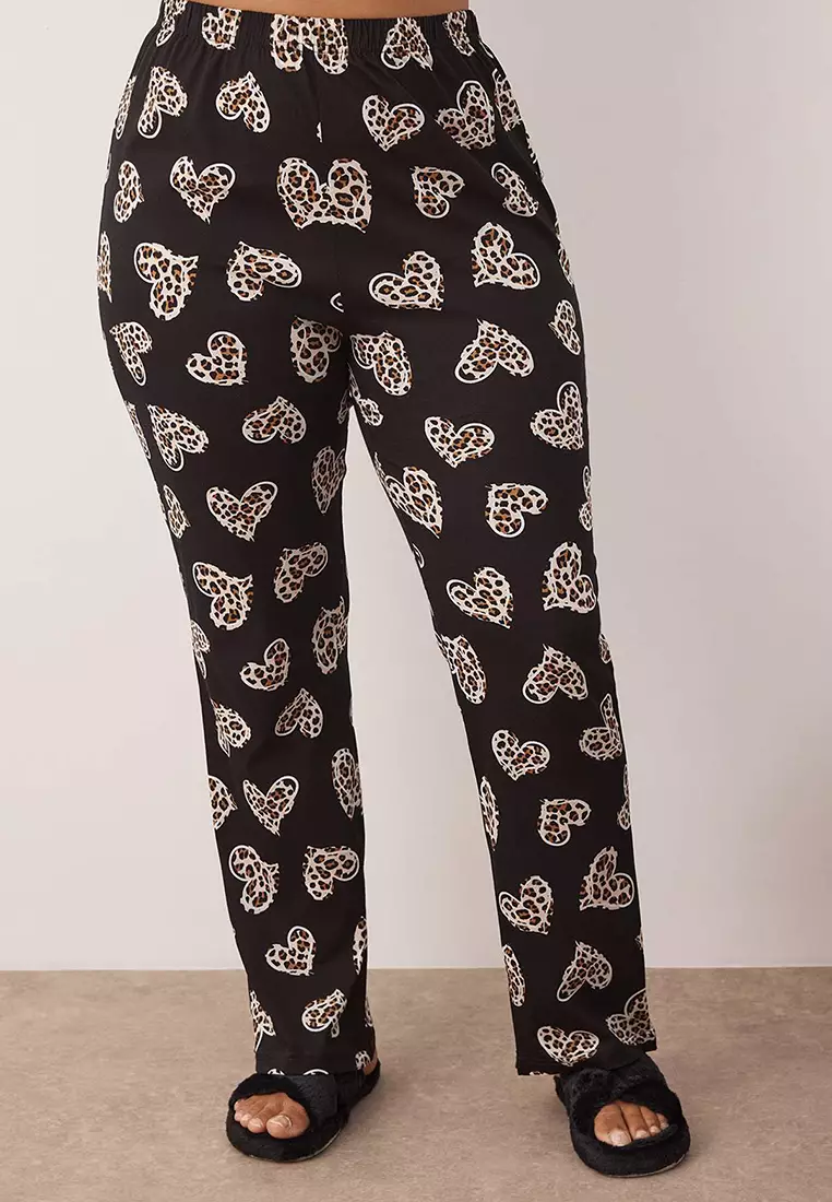 Black 100% Cotton Heart & Leopard Patterned Shirt-Pants Knitted Pajama Set Tbbaw26Ai00017