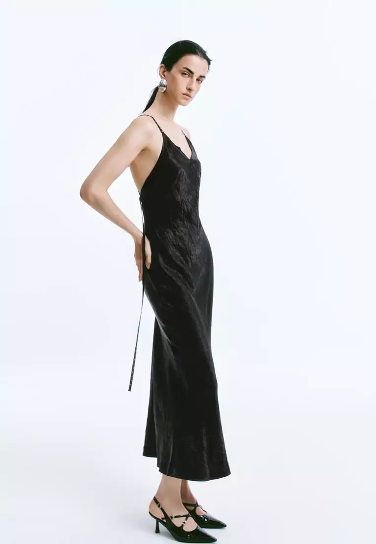 Cross Back Textured Satin Maxi Dress