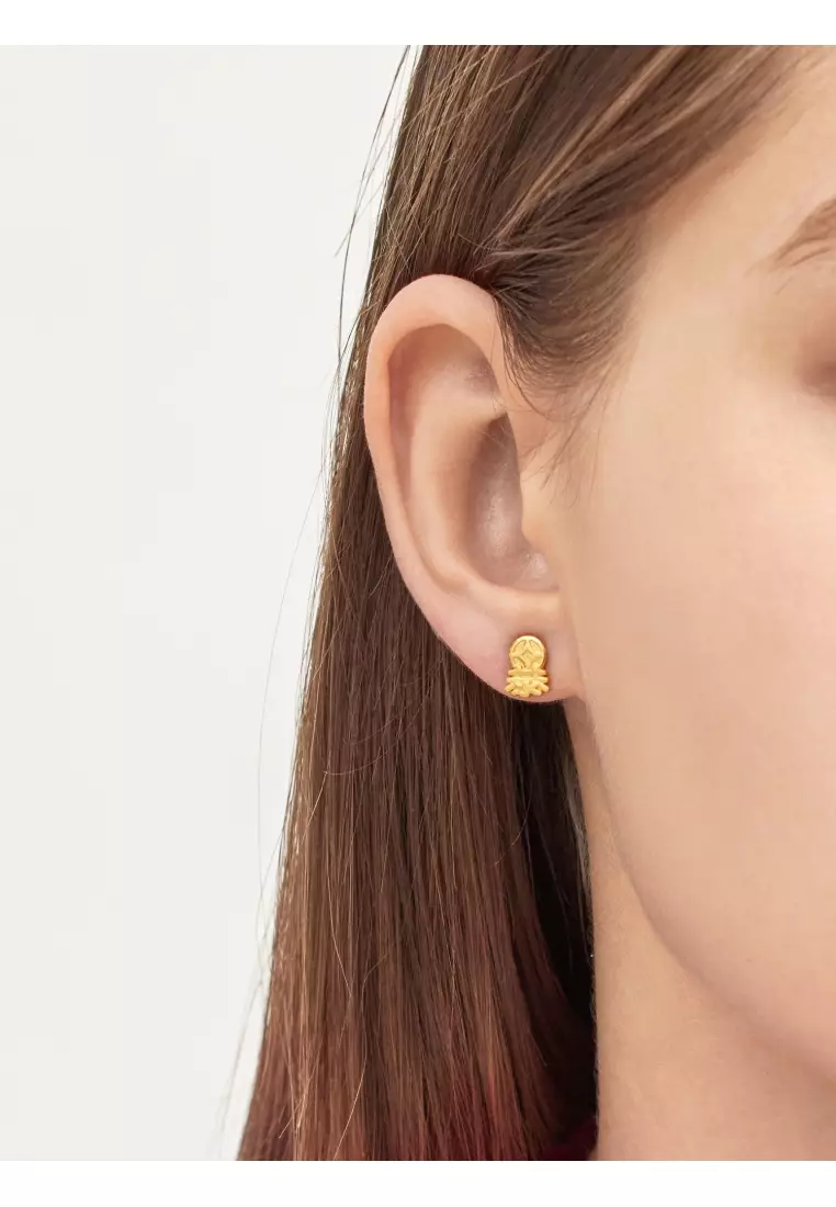 Chinese Gifting Collection 999 24K Solid Gold Ancient Coin with Chinese Character (æ´)"Super Wealth" Stud Earring for Women 93114E (Sold Single Not Pair) (gold)