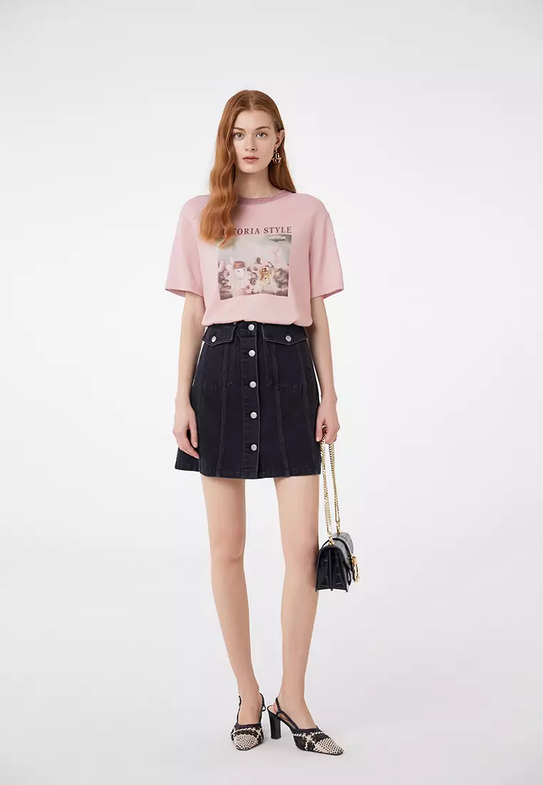 Pink denim button outlet up skirt