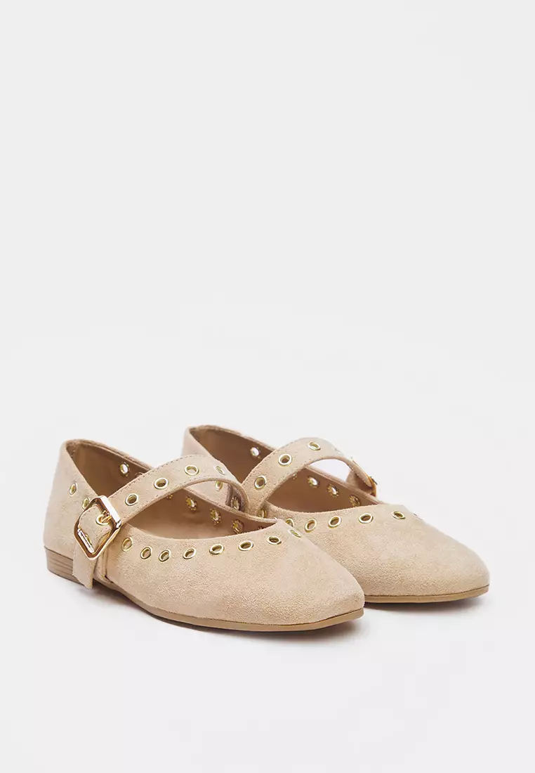 Beige Suede Eyelet Detailed Buckle Almond Toe Women's Ballerina Flats Takss25Be00039