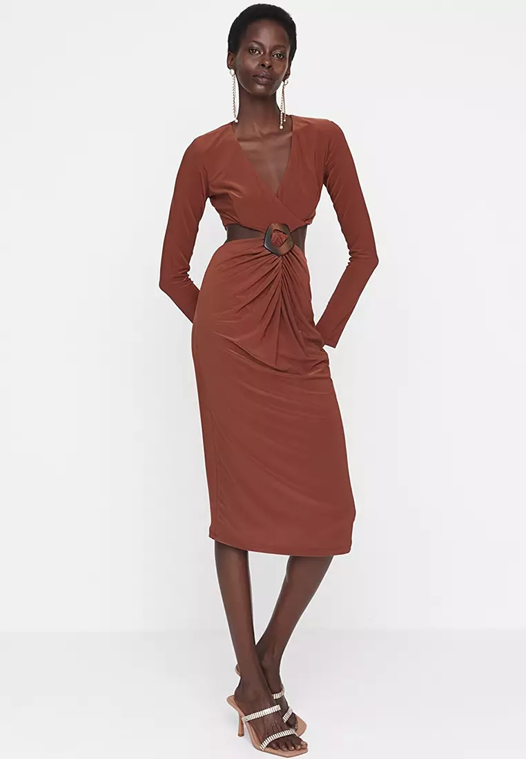 Brown ruched best sale midi dress