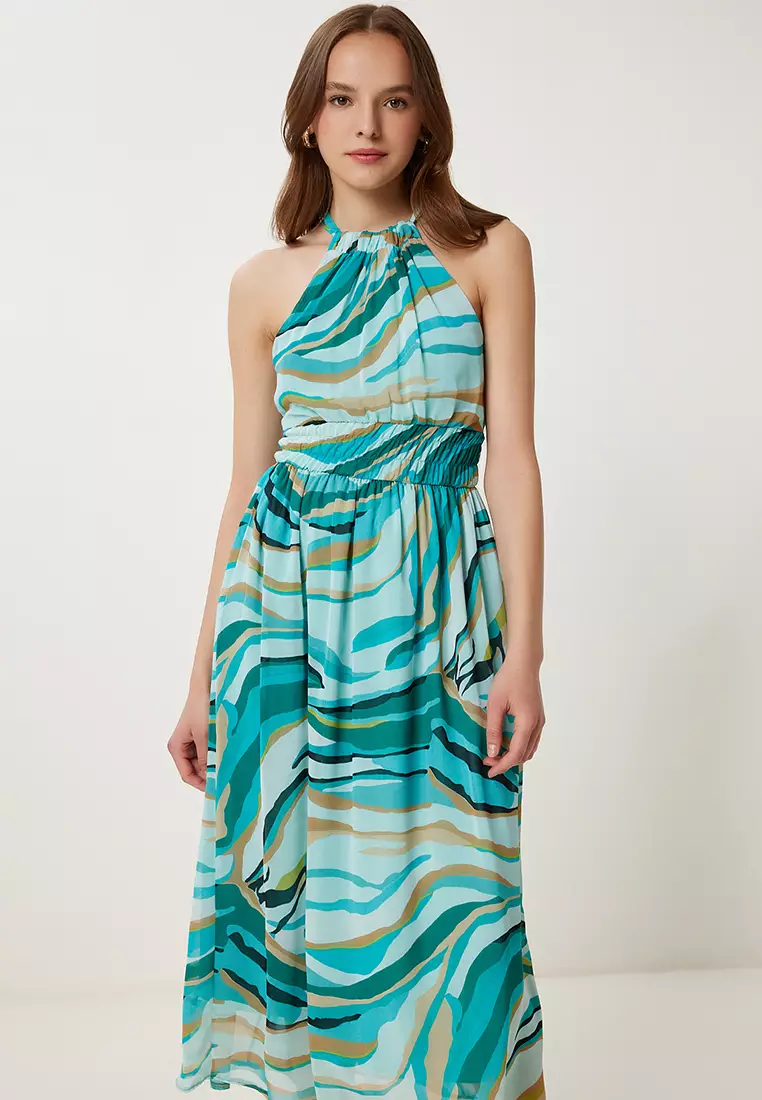 Women's Green Beige Patterned Flounced Midi Chiffon Dress Fg00029