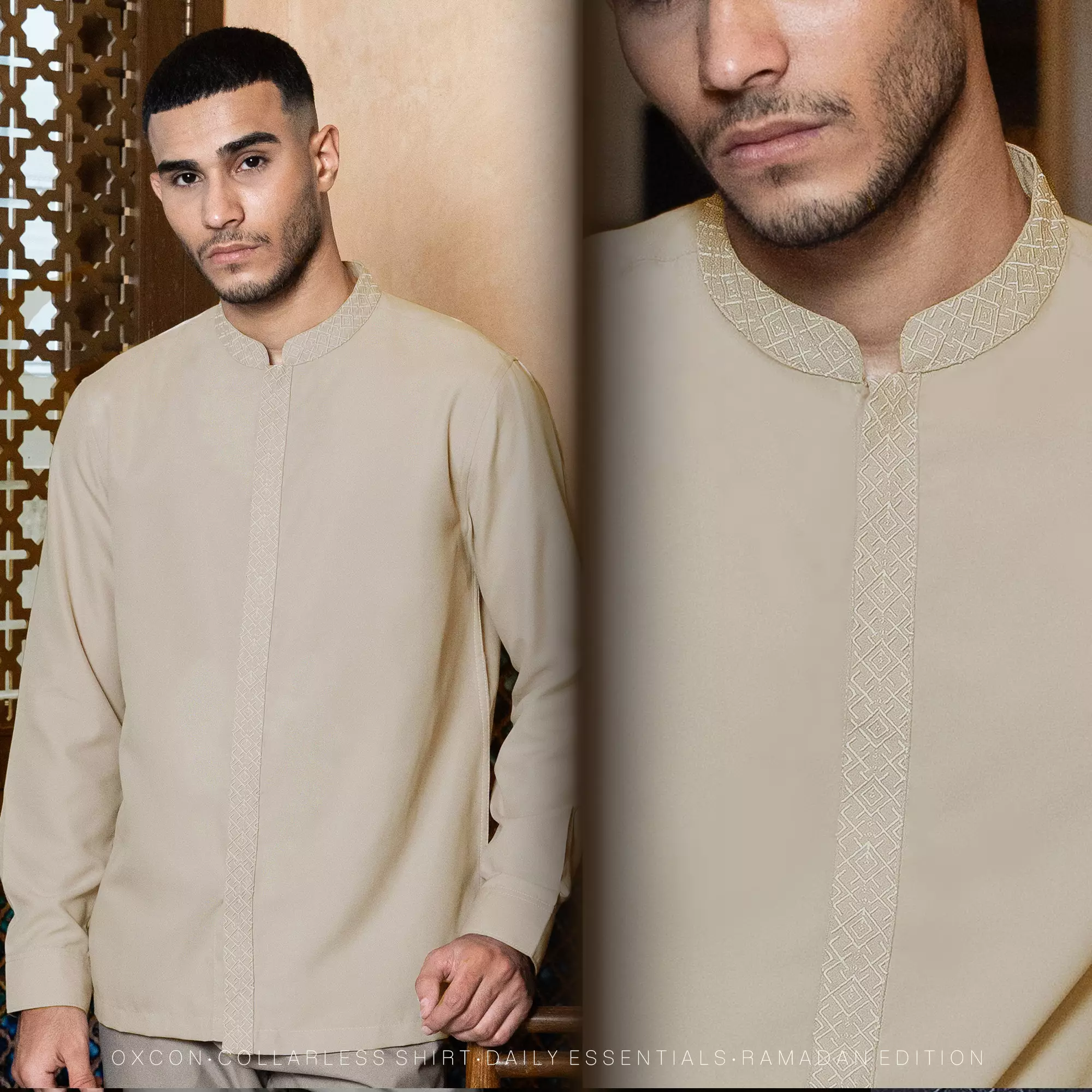 Kemeja Koko Bordir Azril Tangan Panjang Pria Muslim Lebaran Cream