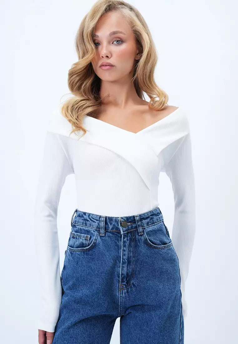 Women's White Wide Collar Ottoban Blouse Alc-X14342