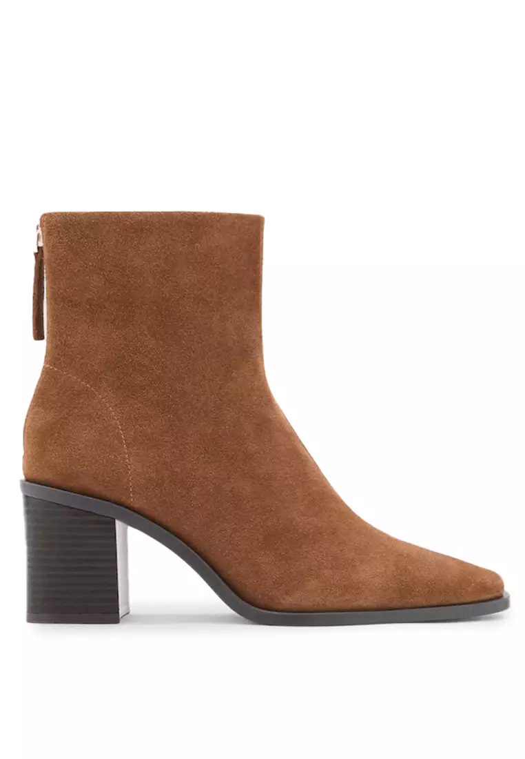 Suede Leather Ankle Boots With Block Heel