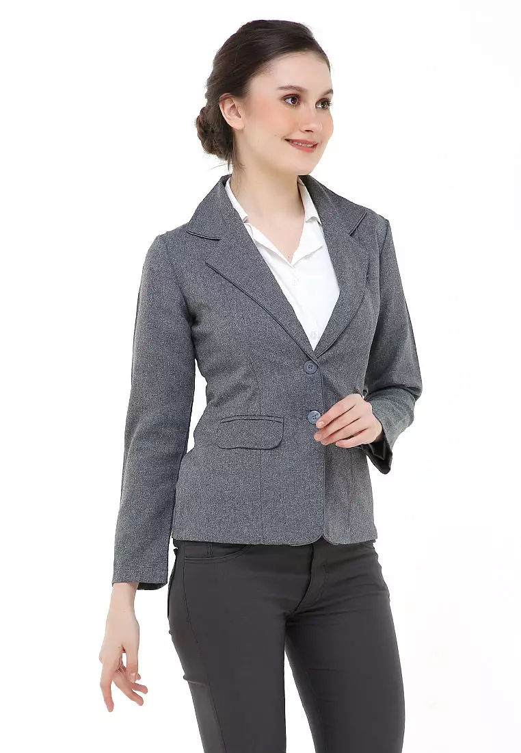 Qemsya Jas Blazer Wanita Korean Style Formal Longsleeve Suit Material Polyester ORIGINAL - Gray
