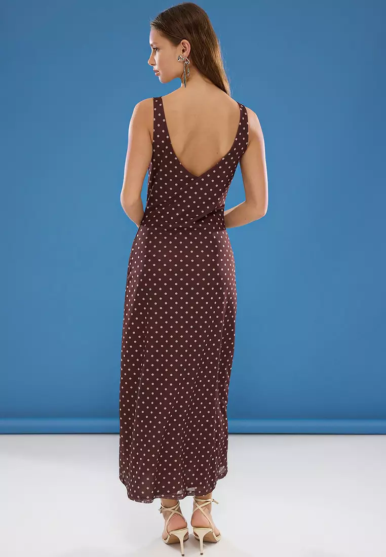 Brown Fitted/Body Fitted Polka Dot Bow Maxi Tulle Stretch Knit Dress Twoss25El00361