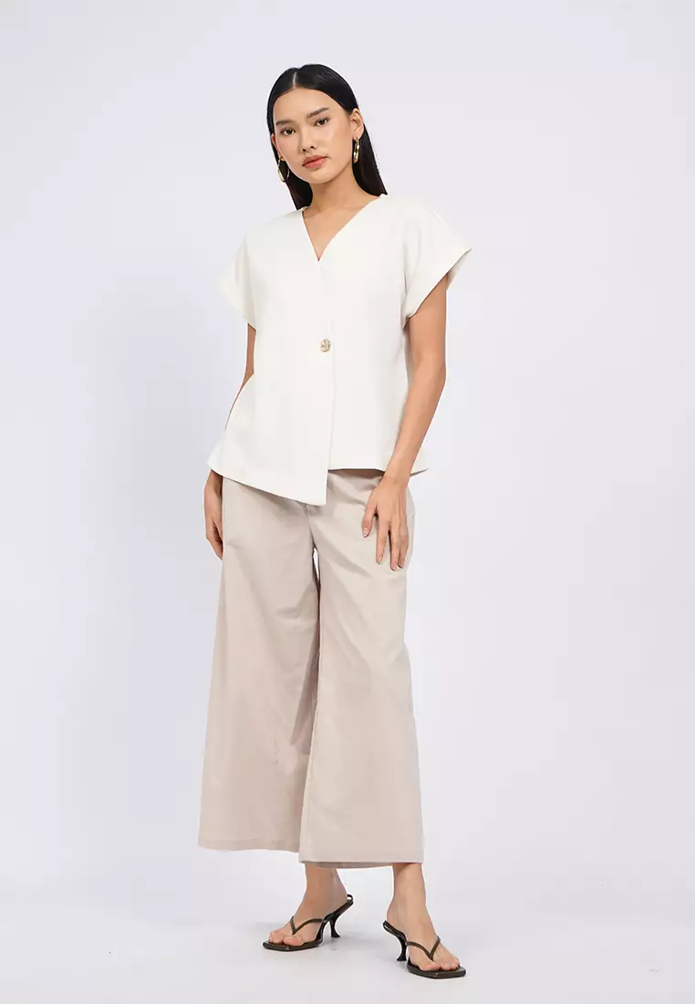 V-Neck Short Sleeve Wrap Blouse OFF WHITE