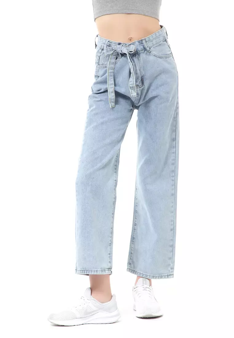 Stella Highwaist Jeans Kulot Wanita Long Pants Belt Design Material Denim ORIGINAL - Light Blue