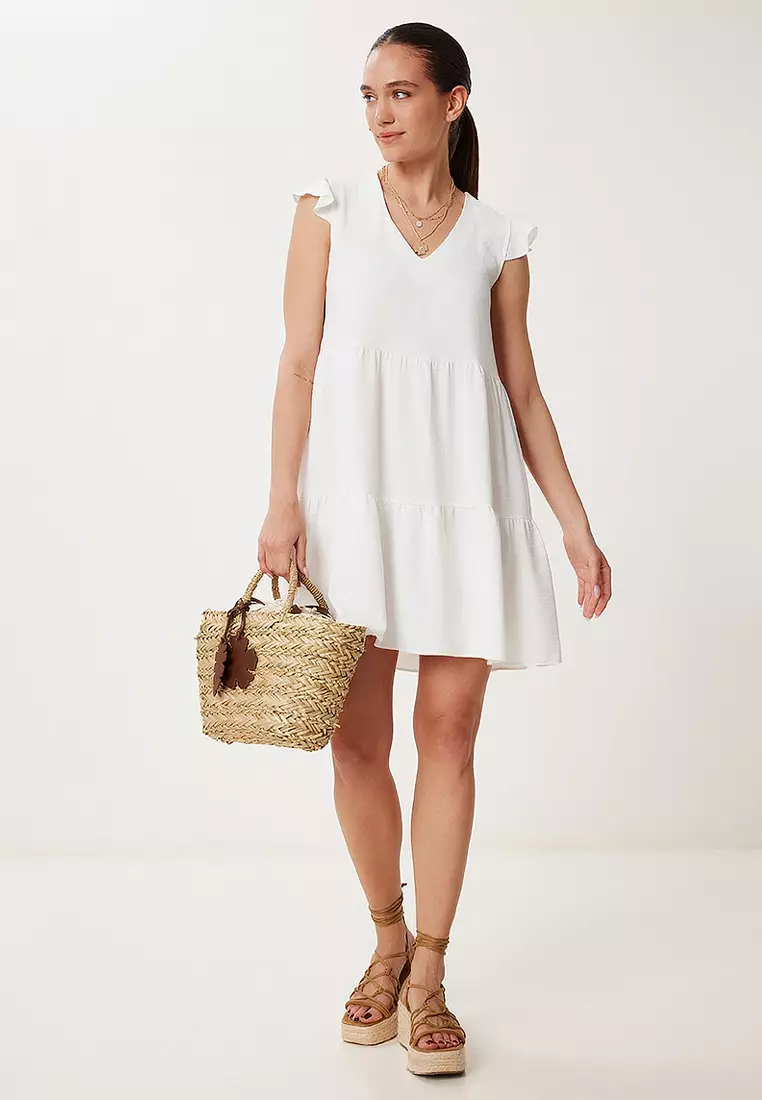 V Neck Flared Textured Mini Knitted Dress
