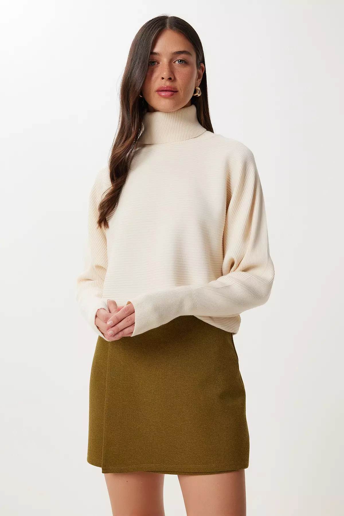 Women's Cream Finger Snap Crop Ribbed Knitwear Sweater Mx00238