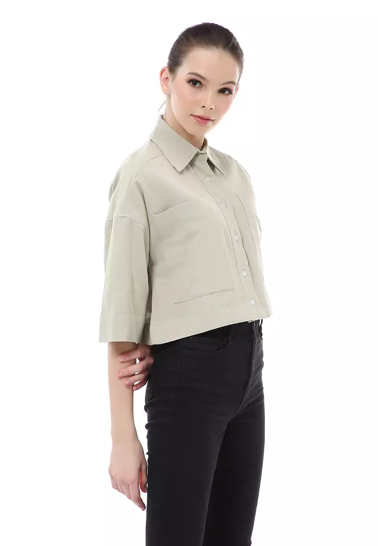 Brielle Atasan Wanita Kemeja Crop Oversize Shirt Lengan Panjang Material Linen ORIGINAL - Sage
