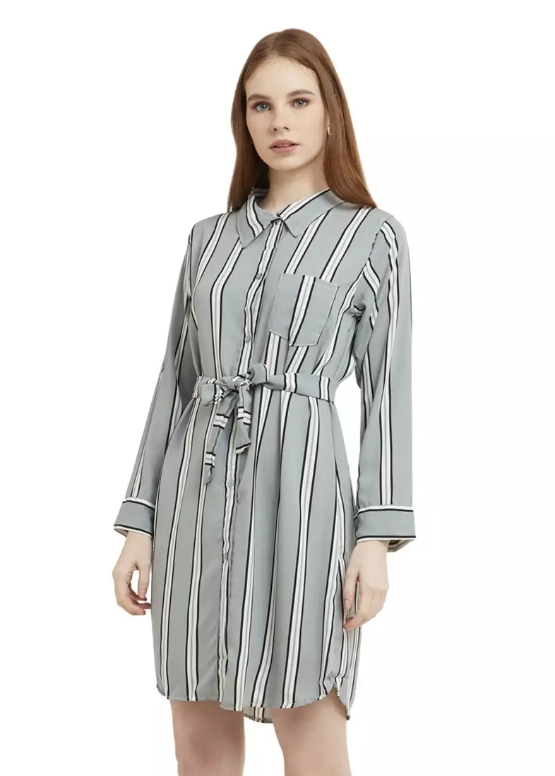 Mini Dress Chic With Belt Lengan Panjang Garis Dual Tone Color Baju Wanita - Grey