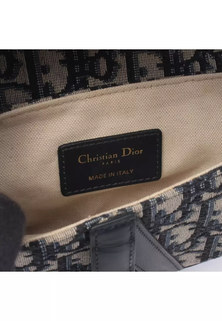 Pre-Loved Christian Dior saddle bag mini oblique jacquard Handbag canvas leather ivory Navy With optional shoulder strap 2WAY