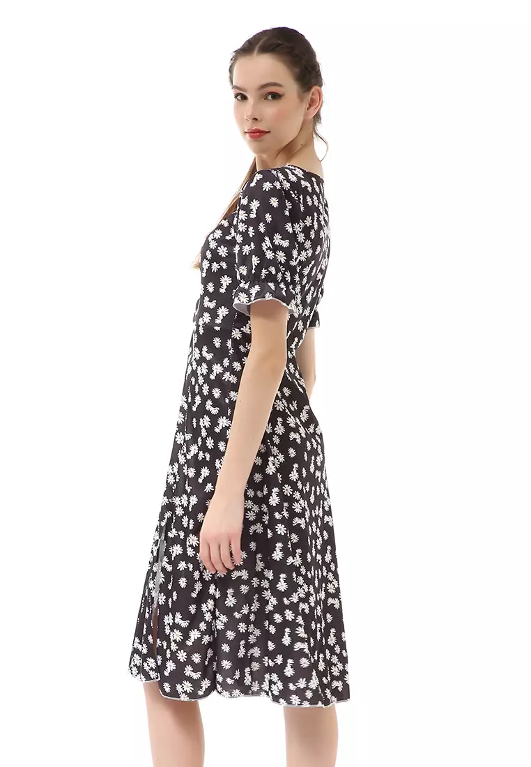 Rachel Dress Wanita Desain Belah Pinggir Short Sleeve Motif Bunga Material Cotton ORIGINAL - Black